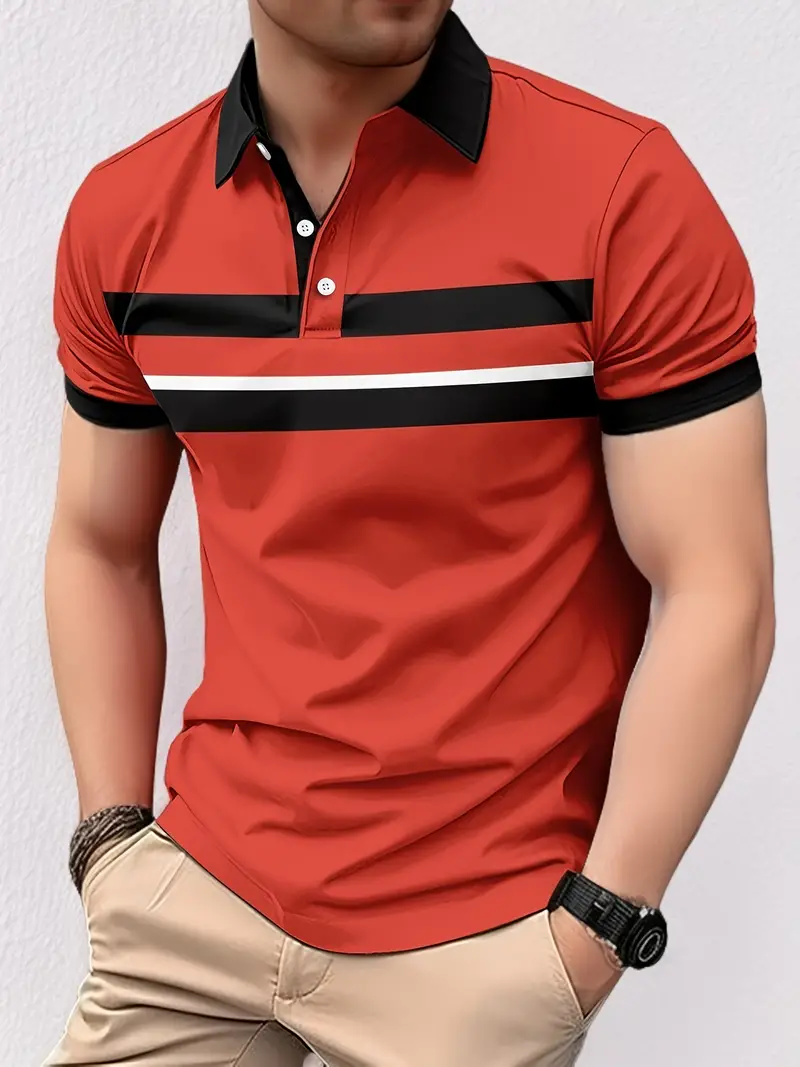 Polo classique pour hommes avec col et poignets contrastés - motifs rayés élégants sur la poitrine, coupe régulière – Image 8