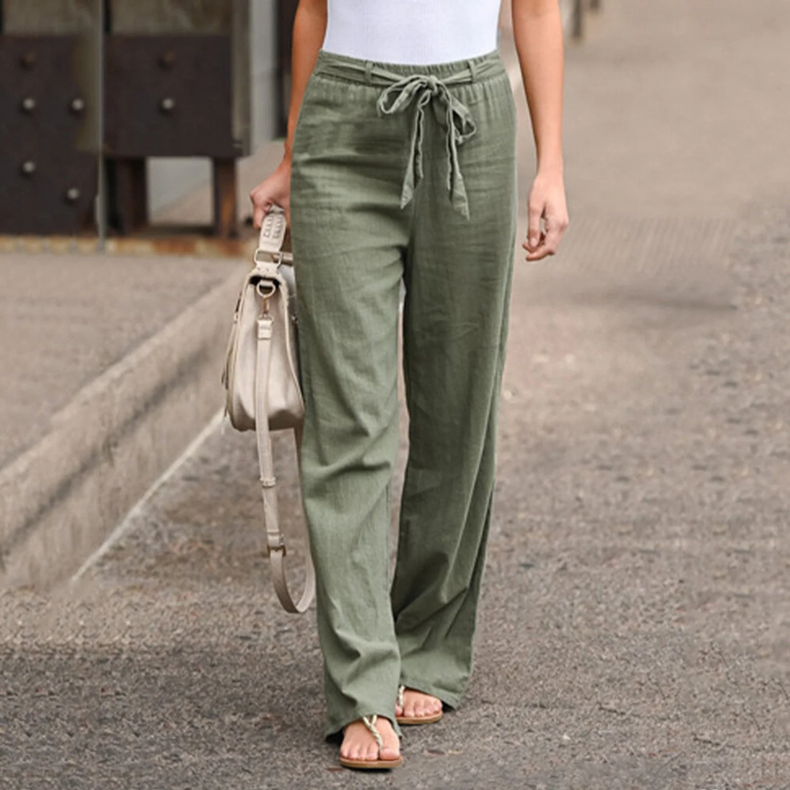 Pantalon à jambe large pour femme en lin aéré pour un look élégant au quotidien – Image 2