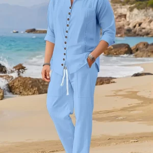 Ensemble de Plage pour Hommes - Chemise à Manches Longues à Boutons & Pantalons à Cordons - Coupe Décontractée