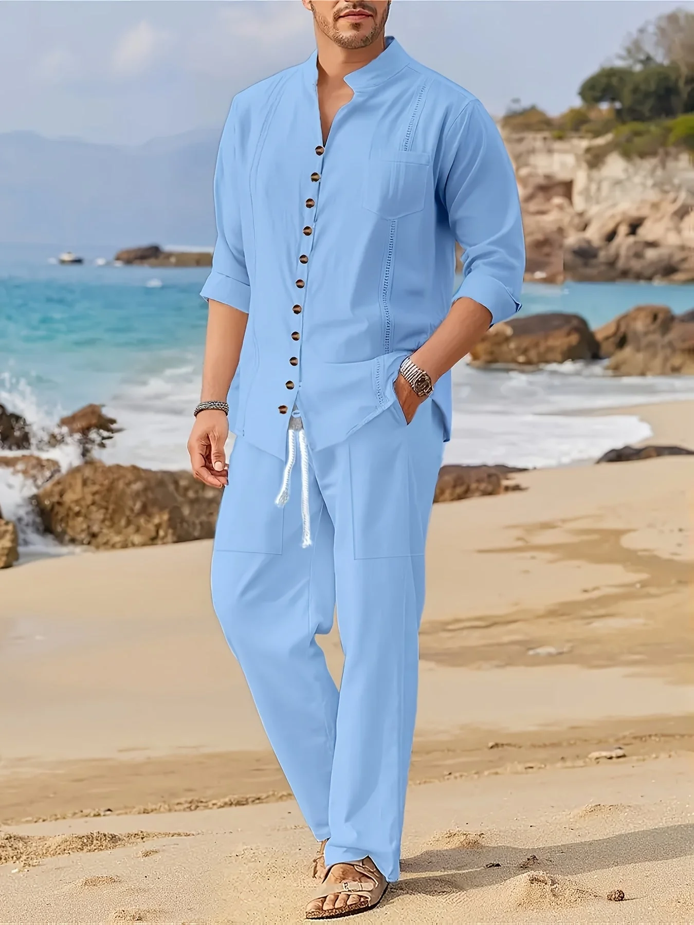 Ensemble de Plage pour Hommes - Chemise à Manches Longues à Boutons & Pantalons à Cordons - Coupe Décontractée
