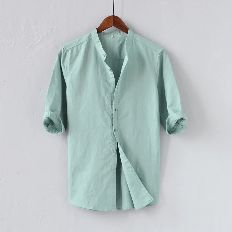 Chemise Homme en Lin Mélangé - Coupe Décontractée - Manches Mi-longues - Col Mandarin - Style Casual à Boutons – Image 3