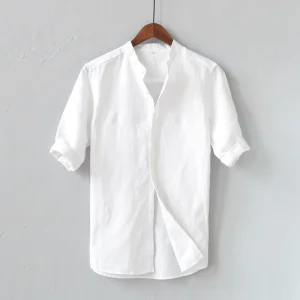 Chemise Homme en Lin Mélangé - Coupe Décontractée - Manches Mi-longues - Col Mandarin - Style Casual à Boutons