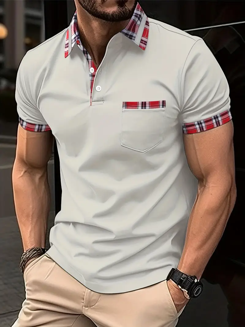 Poloshirt pour hommes avec kariertem Kragen, kurzer Ärmel, Knopfleiste und Brusttasche – Image 8
