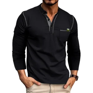 Homme Chemise Henley à Manches Longues - Coupe Ajustée - Patte de Boutons - Pochette sur la Poitrine