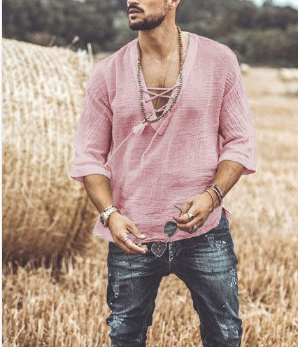 Camisa Casual para Hombre - Ajuste Relaxed - Cuello en V con Cordón - Manga 3/4 - Ligera y Transpirable – Image 2