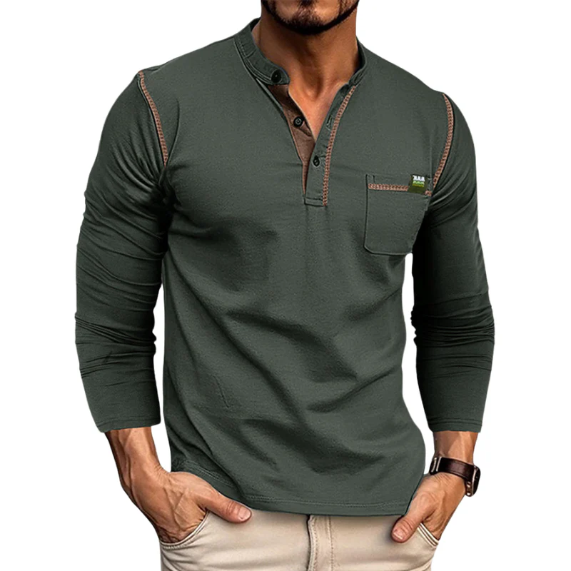 Homme Chemise Henley à Manches Longues - Coupe Ajustée - Patte de Boutons - Pochette sur la Poitrine – Image 4