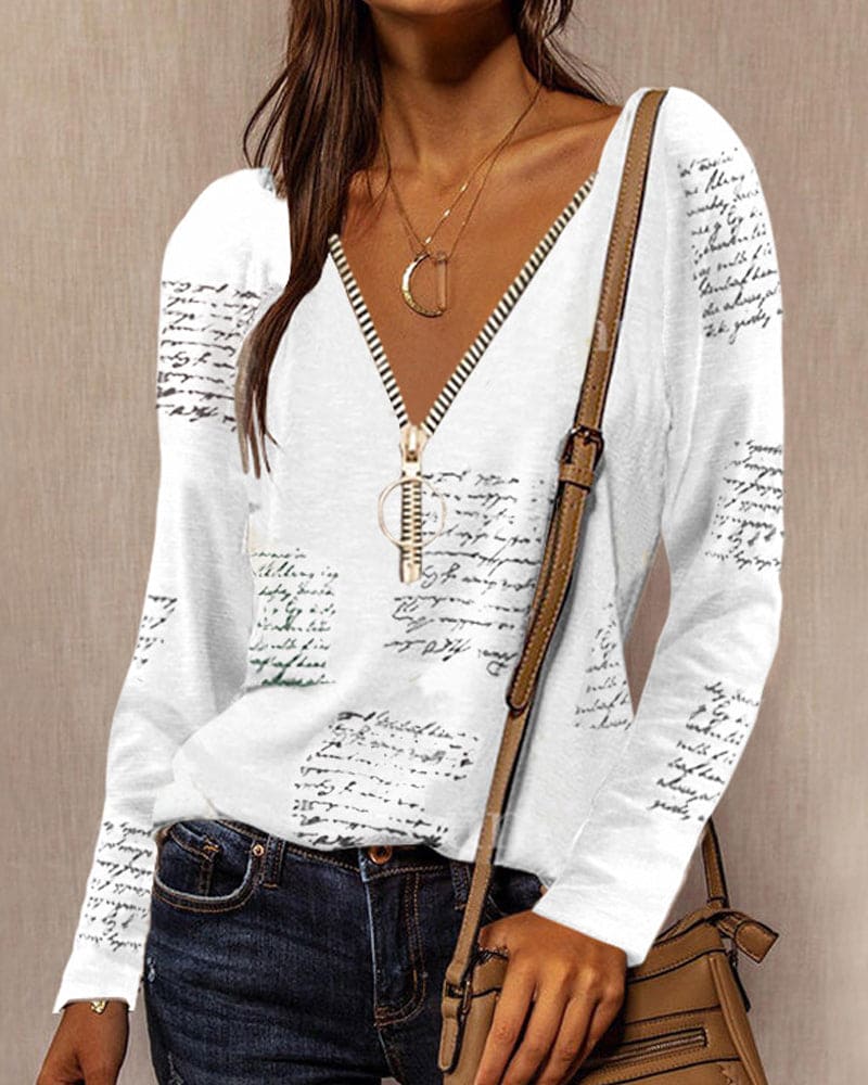 Chemisier chic à col en V pour femmes, avec détails zippés élégants - top confortable à manches longues pour toutes les occasions – Image 3