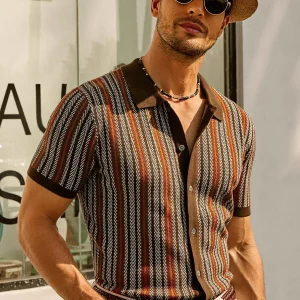 Polo Homme Slim Fit à rayures rétro - Manches courtes en coton mélangé léger et respirant