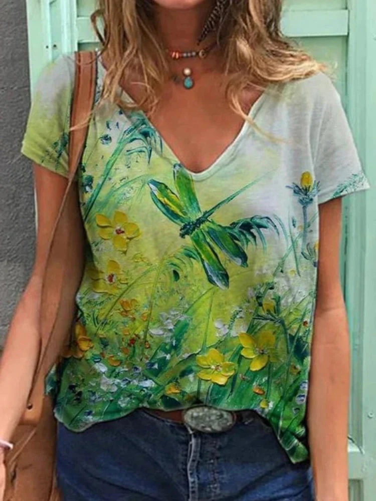 T-Shirt Femme Art Floral - Top d'été décontracté avec col en V et tissu respirant pour un look élégant et confortable – Image 3