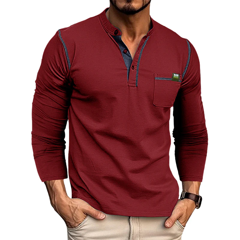 Homme Chemise Henley à Manches Longues - Coupe Ajustée - Patte de Boutons - Pochette sur la Poitrine – Image 5