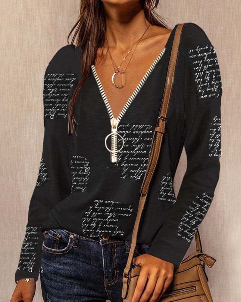 Chemisier chic à col en V pour femmes, avec détails zippés élégants - top confortable à manches longues pour toutes les occasions – Image 4