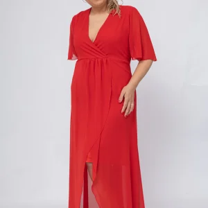 Robe Longue Fendue en Mousseline Rouge