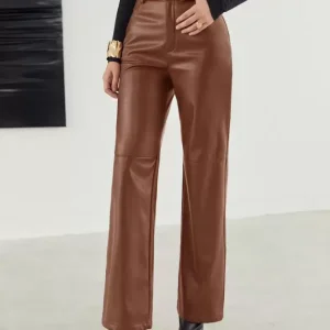 Pantalon taille haute en cuir végétalien pour femme avec des jambes larges élégantes pour un look élégant et décontracté