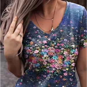 Eleganter Damen Blumenmuster V-Ausschnitt T-Shirt - Stilvolle Alltags Casual Fashion