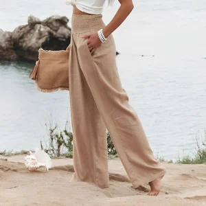 Pantalon de lin ample pour femmes, style plage décontracté - Léger et respirant, confort d'été
