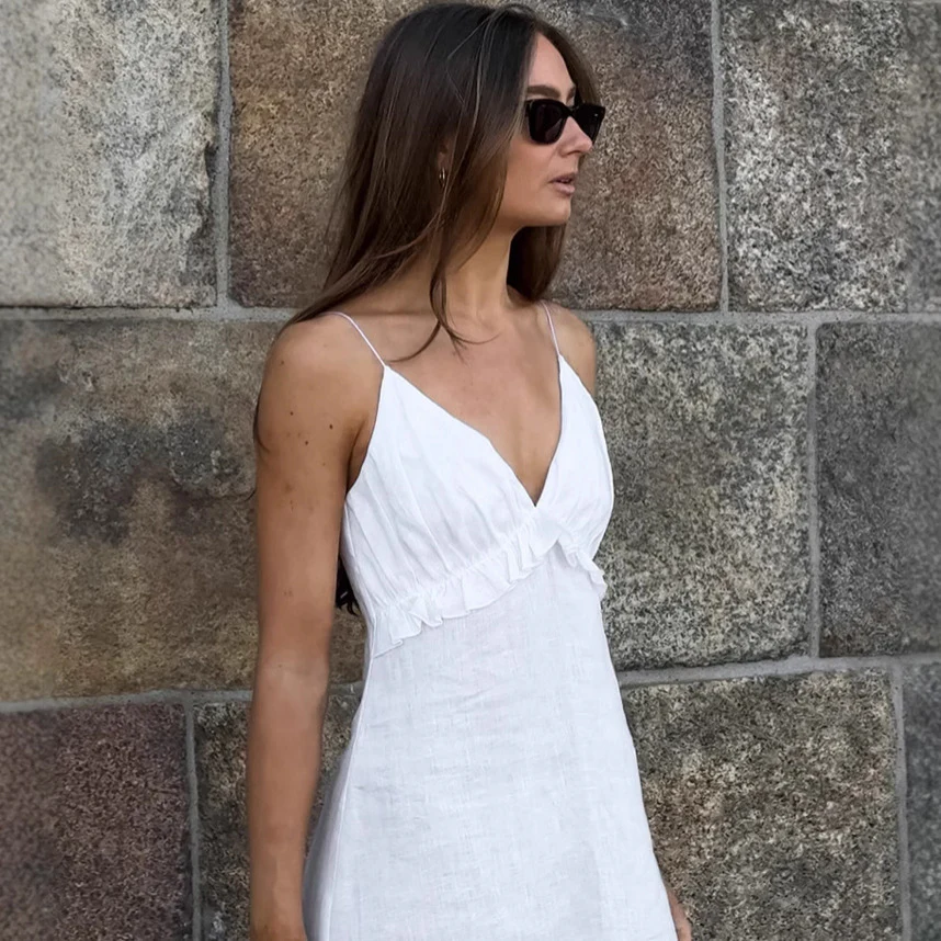 Robe Blanche Sexy en Coton Lin à Volants – Image 2