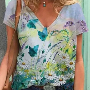 T-Shirt Femme Art Floral - Top d'été décontracté avec col en V et tissu respirant pour un look élégant et confortable