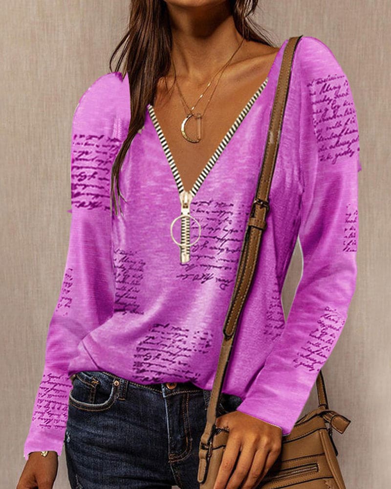 Chemisier chic à col en V pour femmes, avec détails zippés élégants - top confortable à manches longues pour toutes les occasions – Image 5