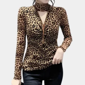 Chemisier à imprimé animalier tendance pour femmes - Elegant Brown Long-Sleeve Top