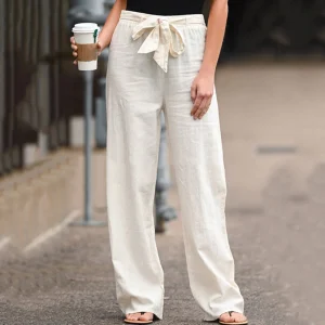 Pantalon à jambe large pour femme en lin aéré pour un look élégant au quotidien