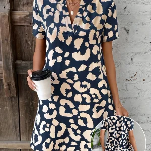 Robe chic à col en V pour femmes avec manches courtes et imprimé léopard