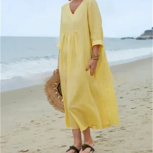 Robe col V en coton et lin, manches longues