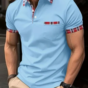 Poloshirt pour hommes avec kariertem Kragen, kurzer Ärmel, Knopfleiste und Brusttasche