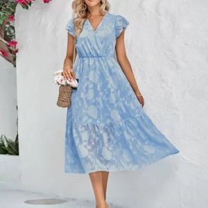 Gilet féminin avec fleurs - Escote en V - Manches courtes à l'allure volante - Cintura ajustada - Largo hasta la rodilla y fluido