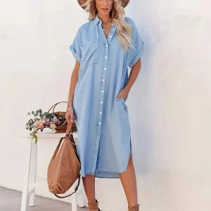Robe midi à boutons pour femmes - Coupe décontractée - Manches courtes - Col classique - Poches latérales élégantes