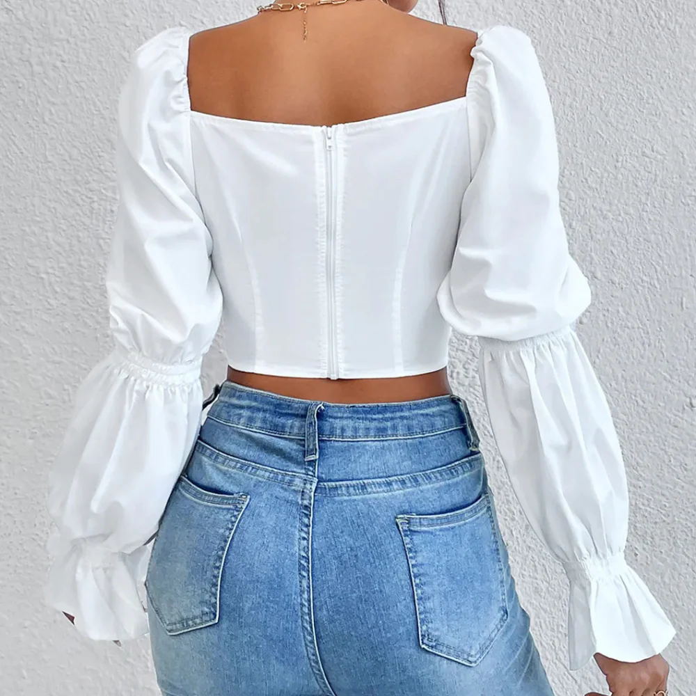 Chemisier court blanc à manches longues pour femmes – Image 4