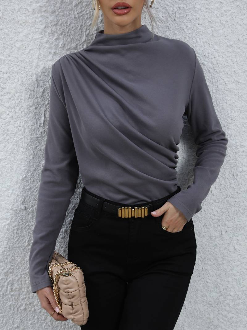 Top drapé gris élégant - blouse décontractée à manches longues pour femme pour un look élégant – Image 2
