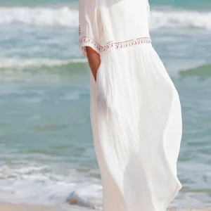 Robe décontractée en coton et lin brodée pour femmes