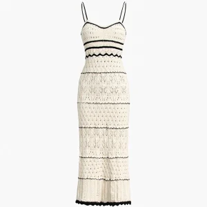 Robe midi en crochet pour femmes - Modèle à ouverture tricotée - Silhouette cintrée sans manches