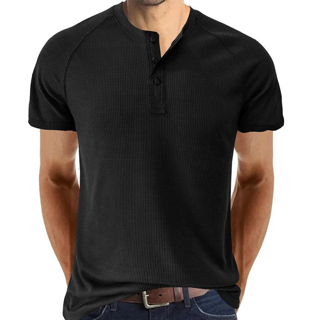 Chemise Henley classique en tricot gaufré pour hommes - manches courtes, confort respirant, coupe régulière – Image 3
