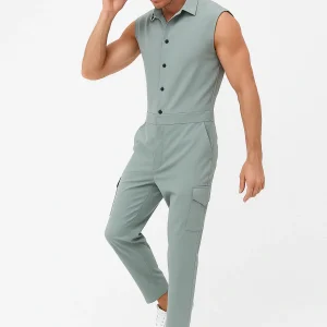 Combinaison Homme Slim Fit Sans Manches avec Boutonnage, Col Chemise et Poches Cargo
