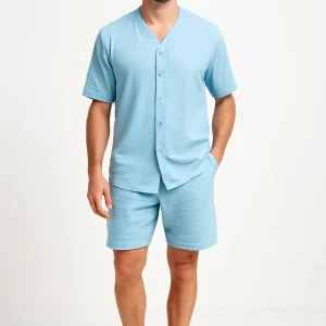 Ensemble Homme Deux Pièces - Chemise à V Boutons - Shorts Relaxés en Coton Respirant