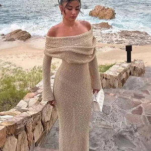 Marisol | Robe Maxi Off Shoulder Élégante en Tissu Bouclé pour Femmes