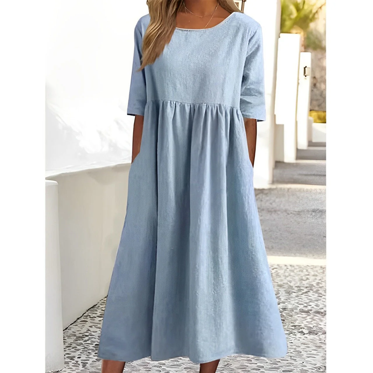 Harper - Elegante robe midi vintage en coton et lin transpirable avec motif plissé