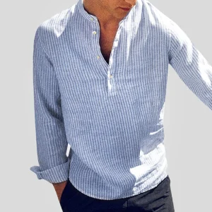 Chemise Henley stylée pour hommes, mélange coton-tissu, col à bandes et manches longues à rayures pour une élégance décontractée