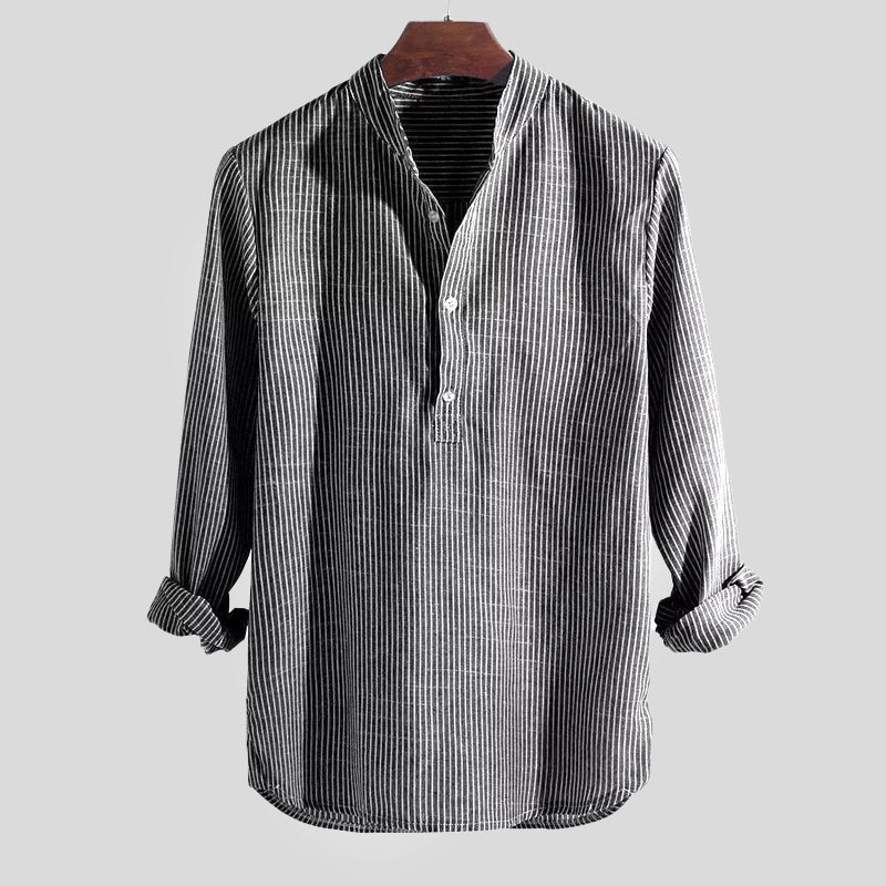 Chemise Henley stylée pour hommes, mélange coton-tissu, col à bandes et manches longues à rayures pour une élégance décontractée – Image 7