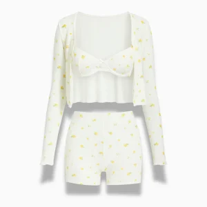 Pyjama Femme 3 Pièces Blanc – Brassière, Short & Gilet Stretch Imprimé