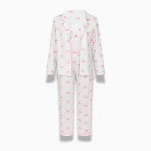 Pyjama Femme Blanc Imprimé Lèvres – Ensemble 3 Pièces Chic & Confort