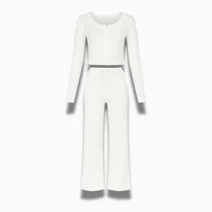 Ensemble Pyjama Femme Uni – Haut Manches Longues & Pantalon Fluide