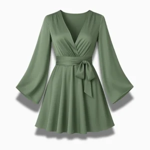 Robe Verte Femme Col V – Manches Longues & Coupe Courte Élégante