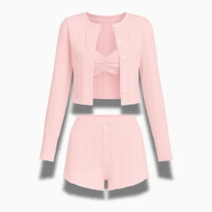 Ensemble Pyjama Femme 3 Pièces – Cardigan, Débardeur & Short en Maille Élastique Summer