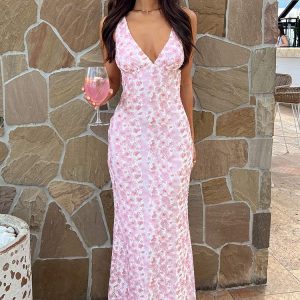 Farida - Robe longue en dentelle rose