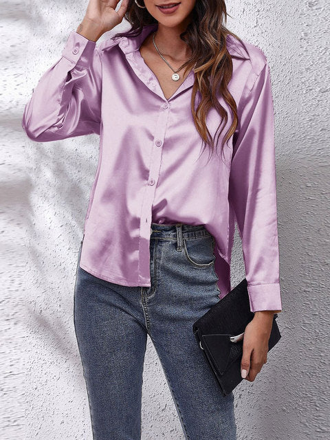 Chemisier à manches longues en satin - Top boutonné chic et élégant pour dames – Image 3
