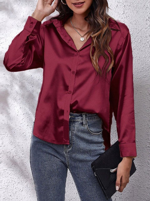 Chemisier à manches longues en satin - Top boutonné chic et élégant pour dames – Image 2
