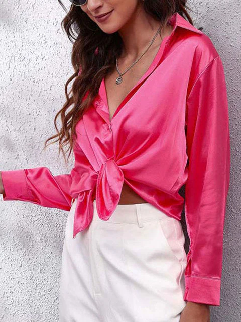 Chemisier à manches longues en satin - Top boutonné chic et élégant pour dames – Image 6