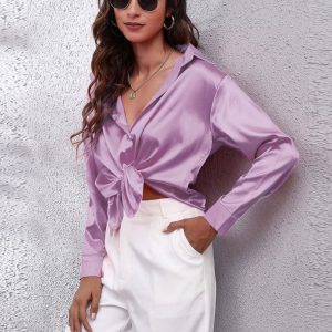 Chemisier à manches longues en satin - Top boutonné chic et élégant pour dames